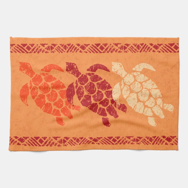 Honu Sea Turtle Hawaiian Tapa Batik -Papaya Tea Towel (Horizontal)