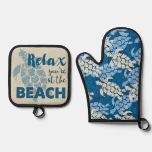 Honu Sea Turtle Hawaiian Tapa in Blues Oven Mitt & Pot Holder Set
