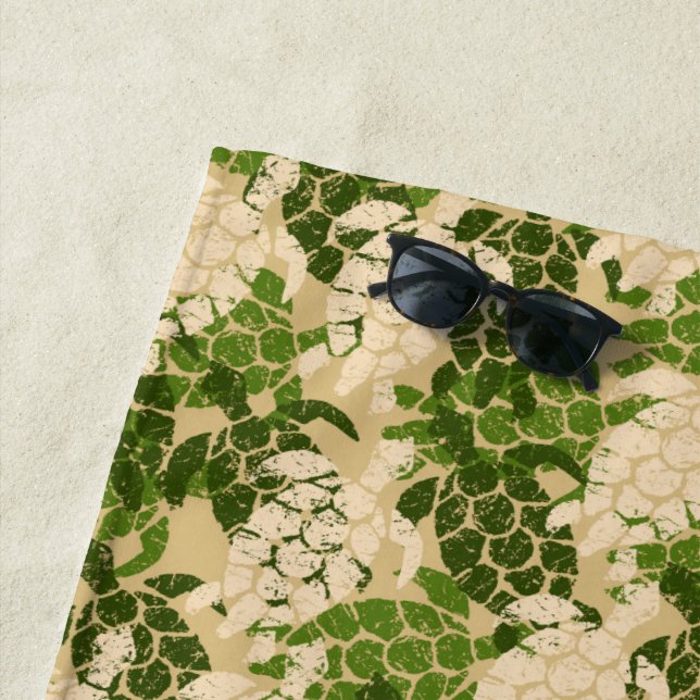 Honu Sea Turtle Hawaiian Tapa- Khaki Beach Towel (In Situ)