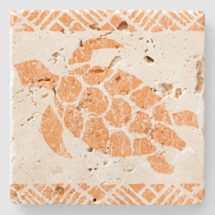 Honu Sea Turtle Hawaiian Tapa -Papaya Stone Coaster