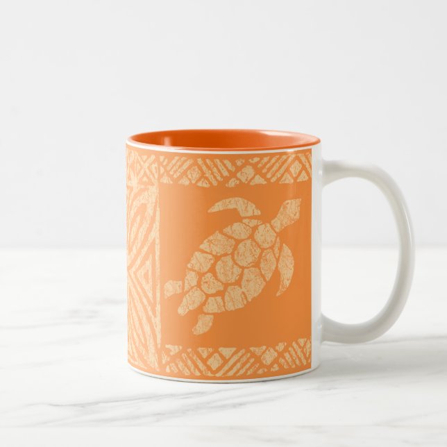 Honu Sea Turtle Hawaiian Tapa -Papaya Two-Tone Coffee Mug (Right)