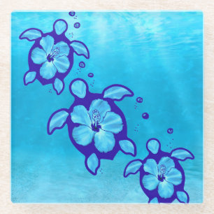 Honu Sea Turtles Flowers Glass Coaster