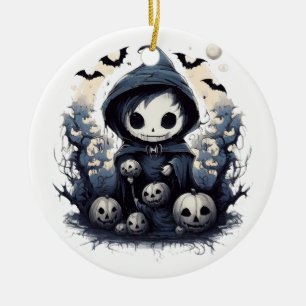 Hooded Chibi Reaper Halloween - Whimsical Dark Fan Ceramic Tree Decoration