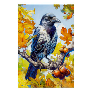 Hooded Crow Perched in Oak Tree Impressionist Sty Poster
