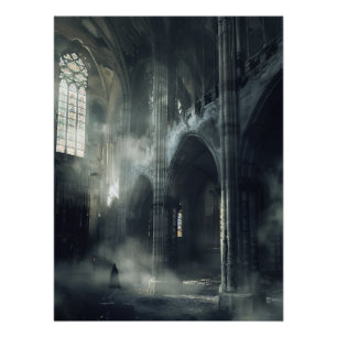 Hooded Figure Abandoned Gothic Cathedral Poster