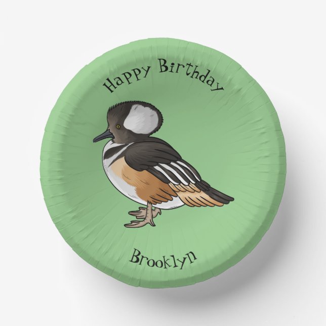  Hooded merganser bird cartoon illustration Paper Plate (Front)