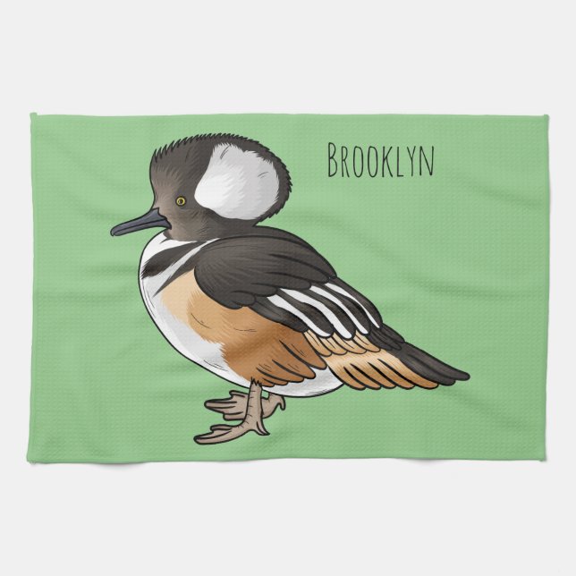  Hooded merganser bird cartoon illustration Tea Towel (Horizontal)