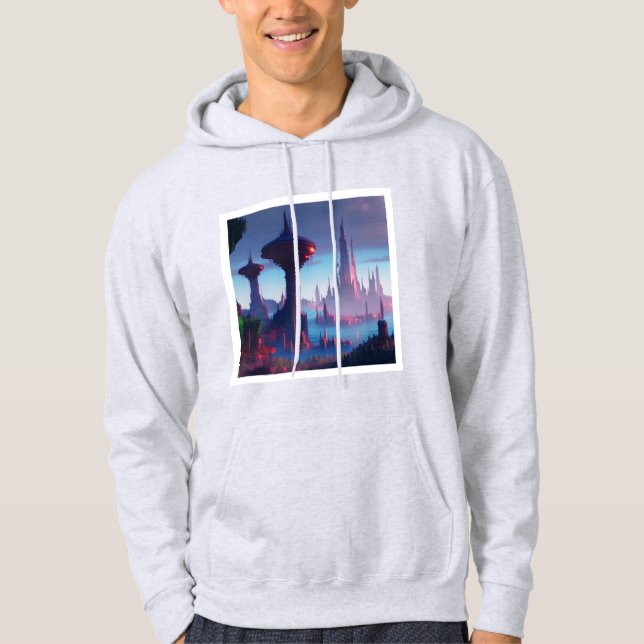 Hooded sweatshirt off white futuristic city design (Front)