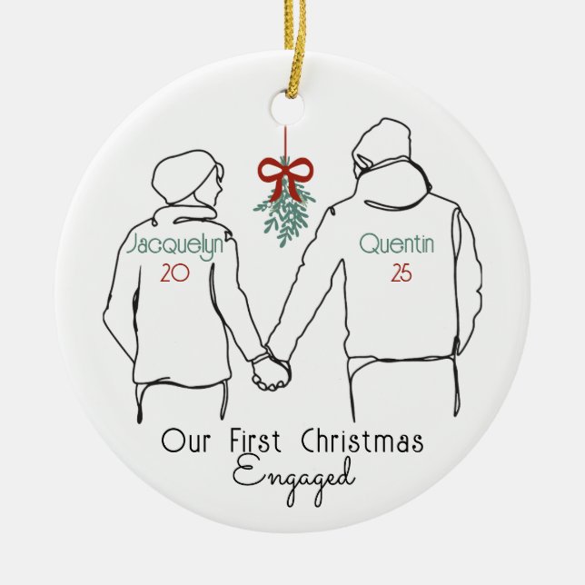 Hoodie Couple First Christmas Engaged Ceramic Tree Decoration (Front)