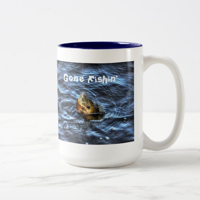 Hooked Bluegill Sun Fish Gone Fishin' Art Two-Tone Coffee Mug (Right)