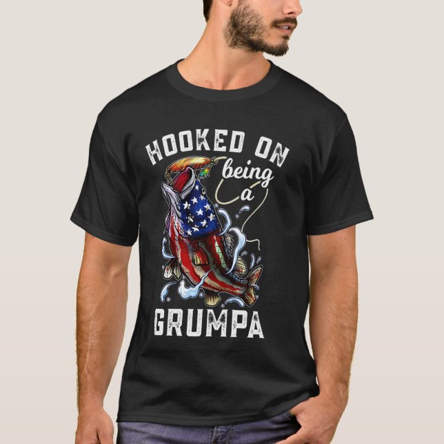 Hooked On Being A Grumpa 4th Of July Fishing Grand T-Shirt (Front)