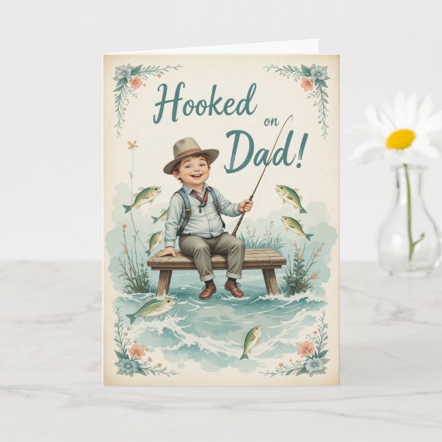 Hooked on Dad Fishing Cute Fathers Day Greeting  Card (Small Plant)