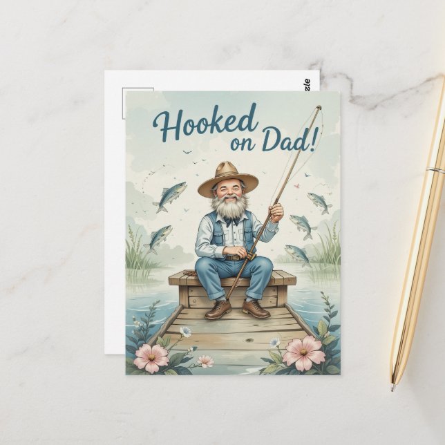 Hooked on Dad Fishing Fathers Day Funny  Postcard (Front/Back In Situ)
