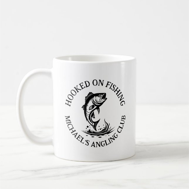 Hooked On Fishing Logo, Personalised Angling Club Coffee Mug (Left)