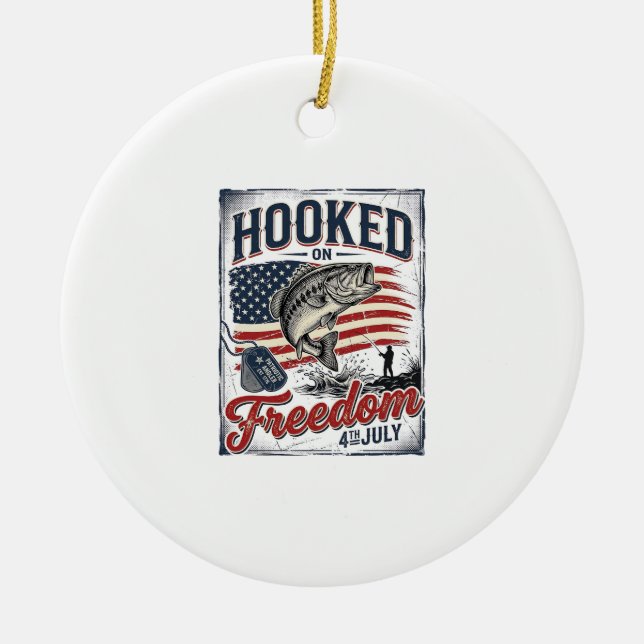 Hooked On Freedom 4th July Fishing Ceramic Tree Decoration (Front)