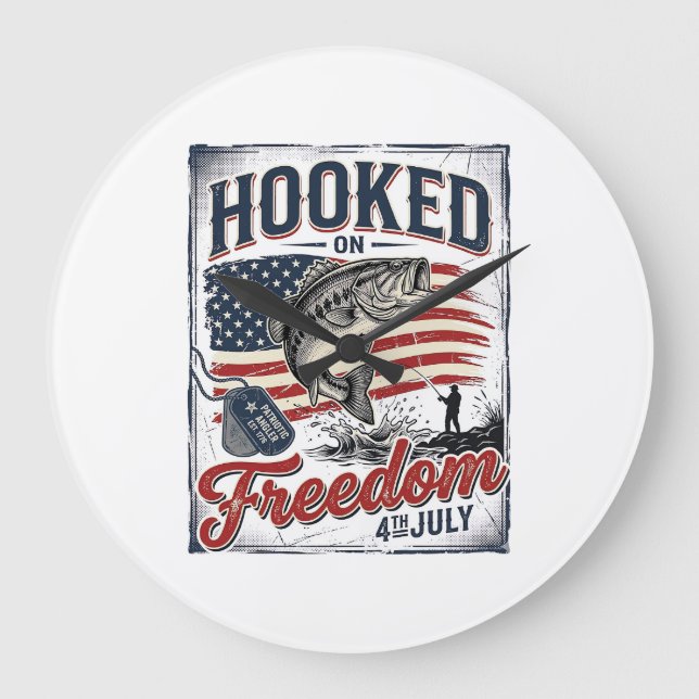 Hooked On Freedom 4th July Fishing Large Clock (Front)