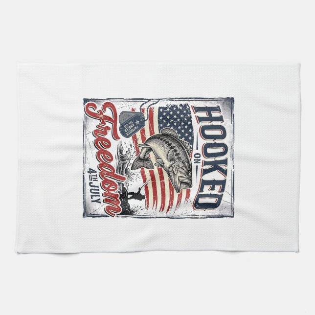 Hooked On Freedom 4th July Fishing Tea Towel (Horizontal)
