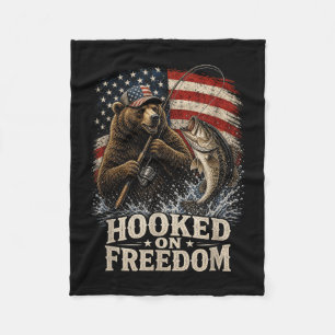 Hooked on freedom fishing bear american flag fleece blanket