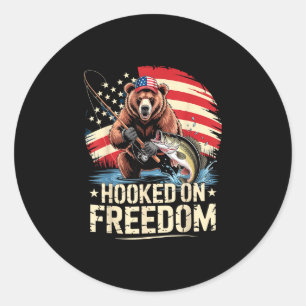 Hooked on freedom patriotic bear fishing american classic round sticker