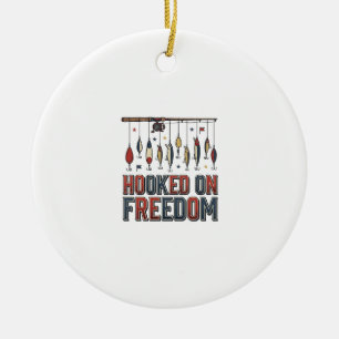 Hooked On Freedom Patriotic Fishing Shirt Design_1 Ceramic Tree Decoration