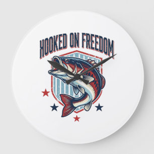Hooked On Freedom Vintage Bass Fishing Shirt Desig Large Clock