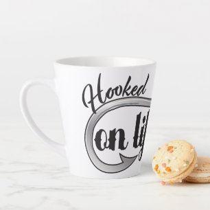 "Hooked On Life" hook illustration, personalize Latte Mug