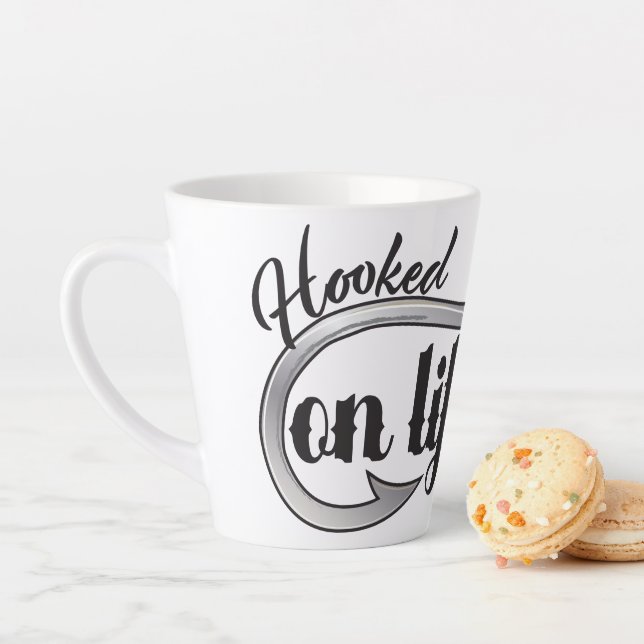 "Hooked On Life" hook illustration, personalize Latte Mug (In Situ)