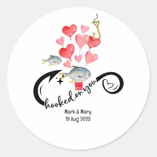 Hooked on you fishing lovers Wedding  Watercolor Classic Round Sticker (Front)