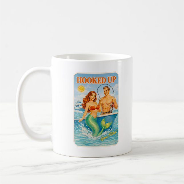 Hooked Up Retro Pin-Up Mermaid | Coastal Fishing Coffee Mug (Left)