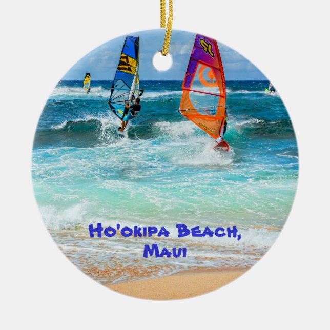 Ho'okipa Beach and Maui Surfboards Ceramic Tree Decoration (Front)