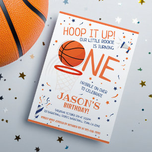Hoop It Up Orange Rookie Basketball 1st Birthday Invitation