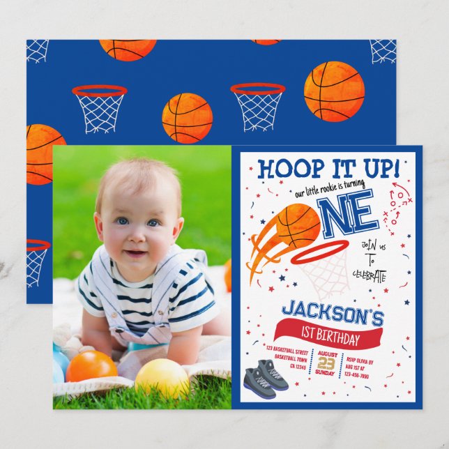 Hoop It Up Rookie Basketball Photo 1st Birthday Invitation (Front/Back)