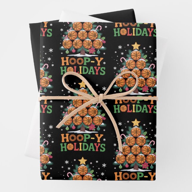 Hoop-y Holidays Basketball Christmas Holiday Sport Wrapping Paper Sheet (In situ)