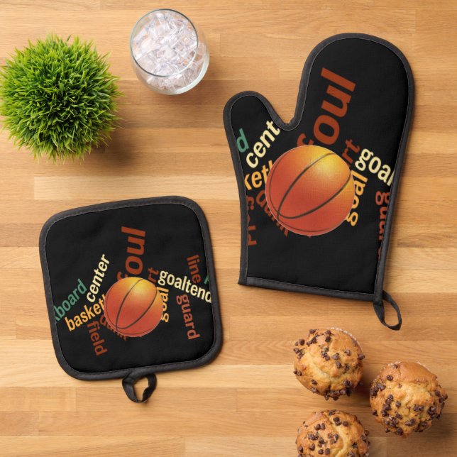 Hoops & Highlights: Colourful Basketball-Inspired  Oven Mitt & Pot Holder Set (Top Down)