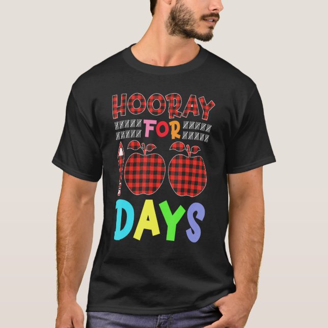 Hooray For 100 Days Buffalo Plaid Happy 100th Day  T-Shirt (Front)