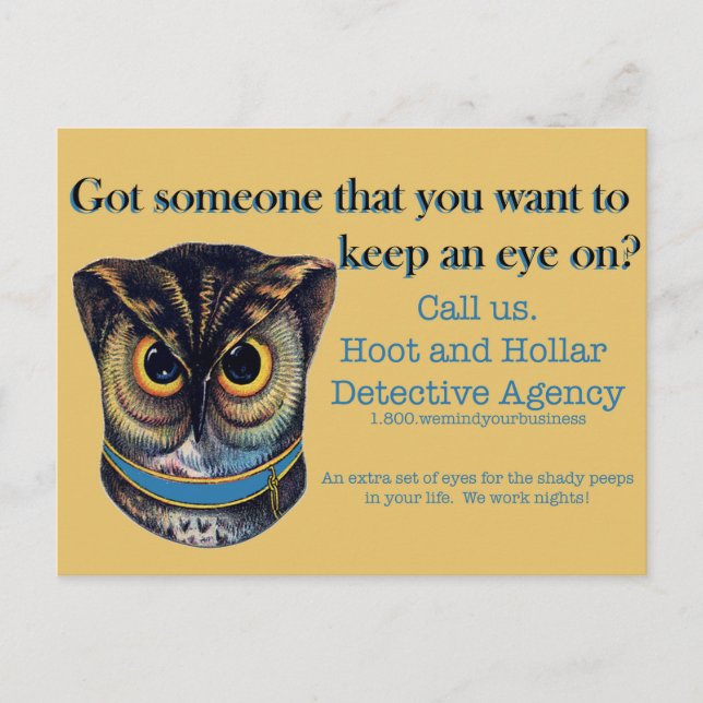 Hoot and Hollar Detective Agency Postcard (Front)