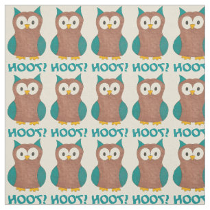 Hoot! Blue Brown Owl Wise Bird Animal Print Fabric