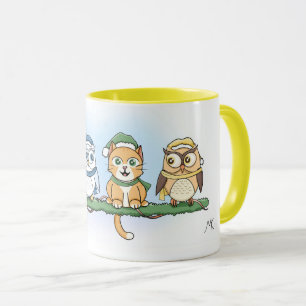 Hoot is the odd one out? Christmas owls and cat Mug