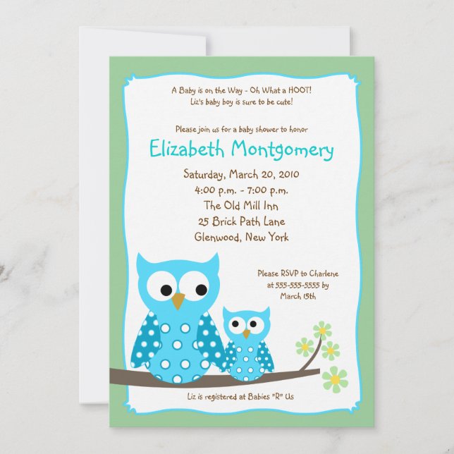 HOOT OWLS BLUE boy Baby Shower 5x7 Invitation (Front)