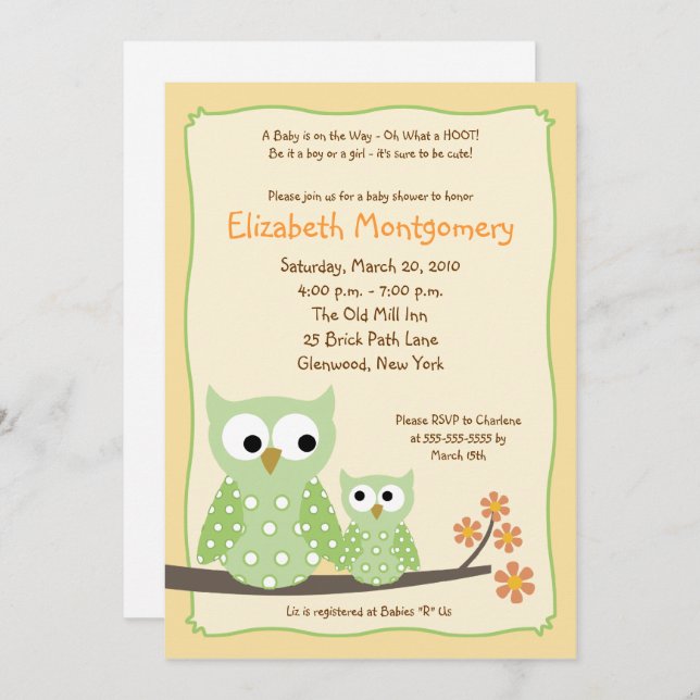 Hoot Owls Green Neutral Baby Shower (Old Version) Invitation (Front/Back)