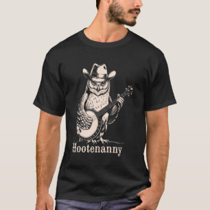 Hootenanny Owl Playing Banjo Guitar Cowboy Hat Vin T-Shirt