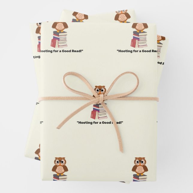 "Hooting for a Good Read!" Book lover Wrapping Paper Sheet (In situ)