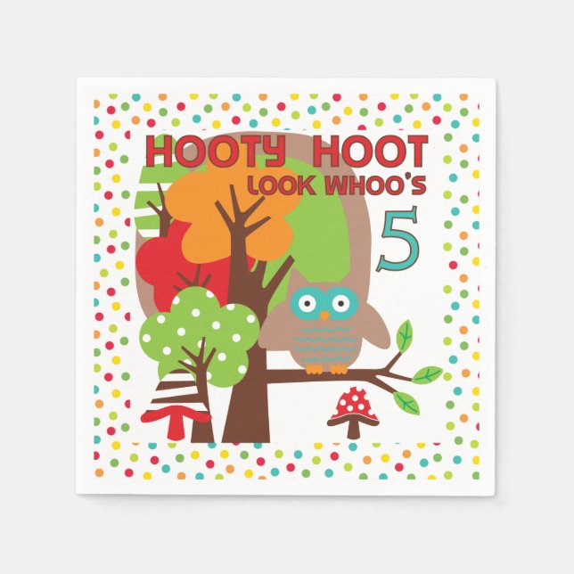 Hooty Hoot Owl 5th Birthday Paper Napkins (Front)