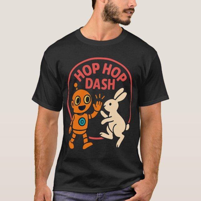 Hop Hop Dash – Cute Orange Robot and White Rabbit T-Shirt (Front)