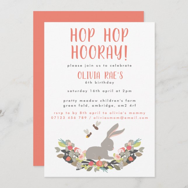 Hop Hop Hooray Rabbit Birthday Party Invitation (Front/Back)