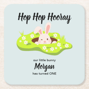 Hop Hop Hooray Some Bunny Rabbit Hole 1st Birthday Square Paper Coaster