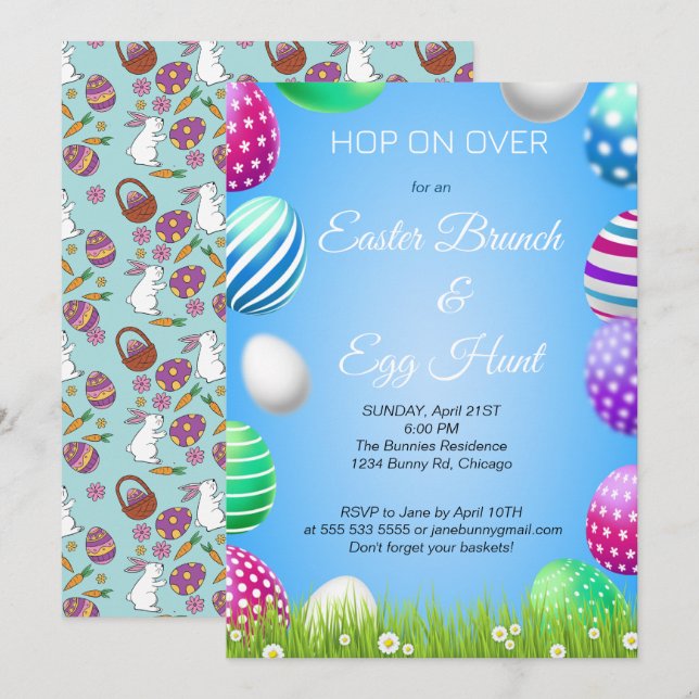 Hop on Over Easter Brunch Egg Hunt Bunny Cute  Invitation (Front/Back)