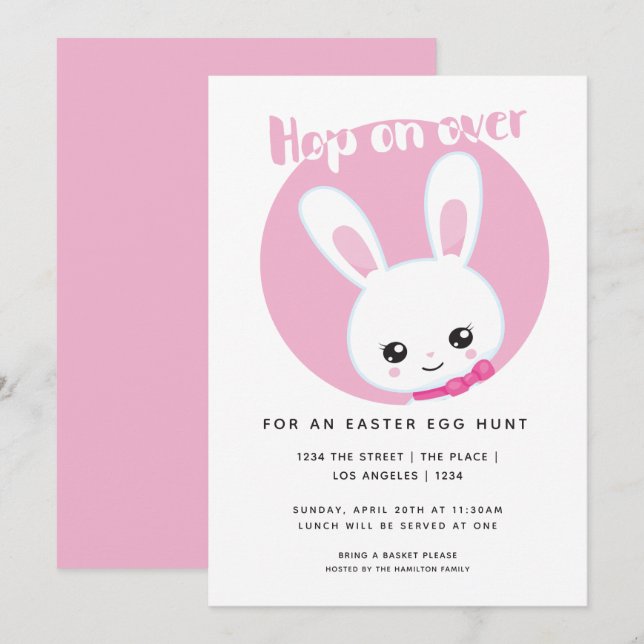 Hop On Over Easter Egg Hunt Cute Pink White Bunny Invitation (Front/Back)