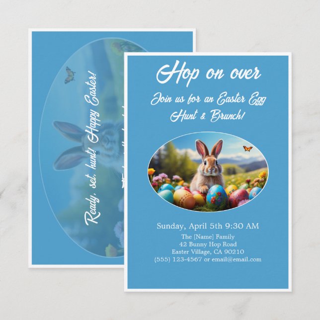 Hop on Over Egg Hunt Brunch Easter Rabbit blue -  Invitation (Front/Back)