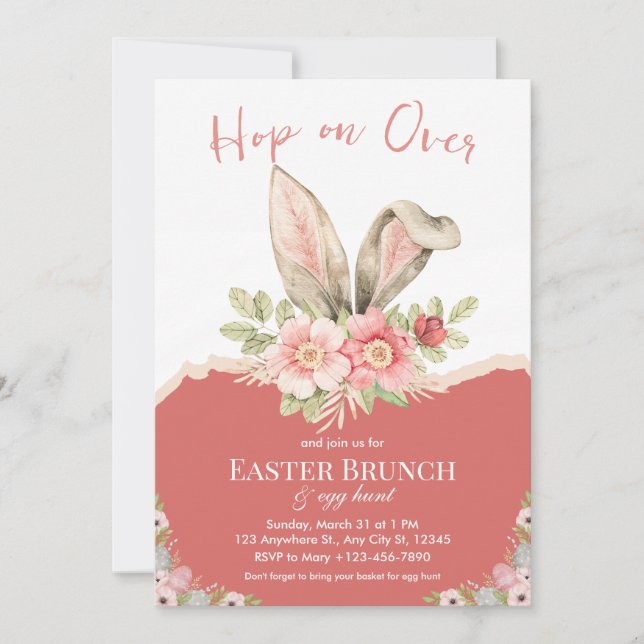 Hop On Over Pink Beige Watercolor Easter Brunch Invitation (Front)